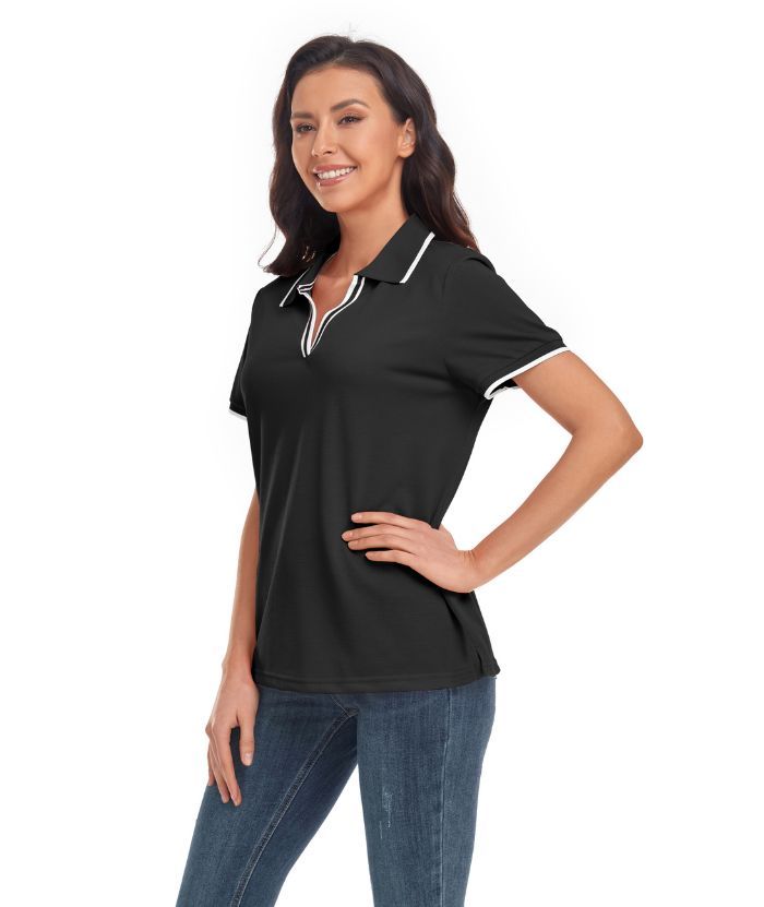 Women's V Neck Slim Fit Solid Color Golf Polo Shirt