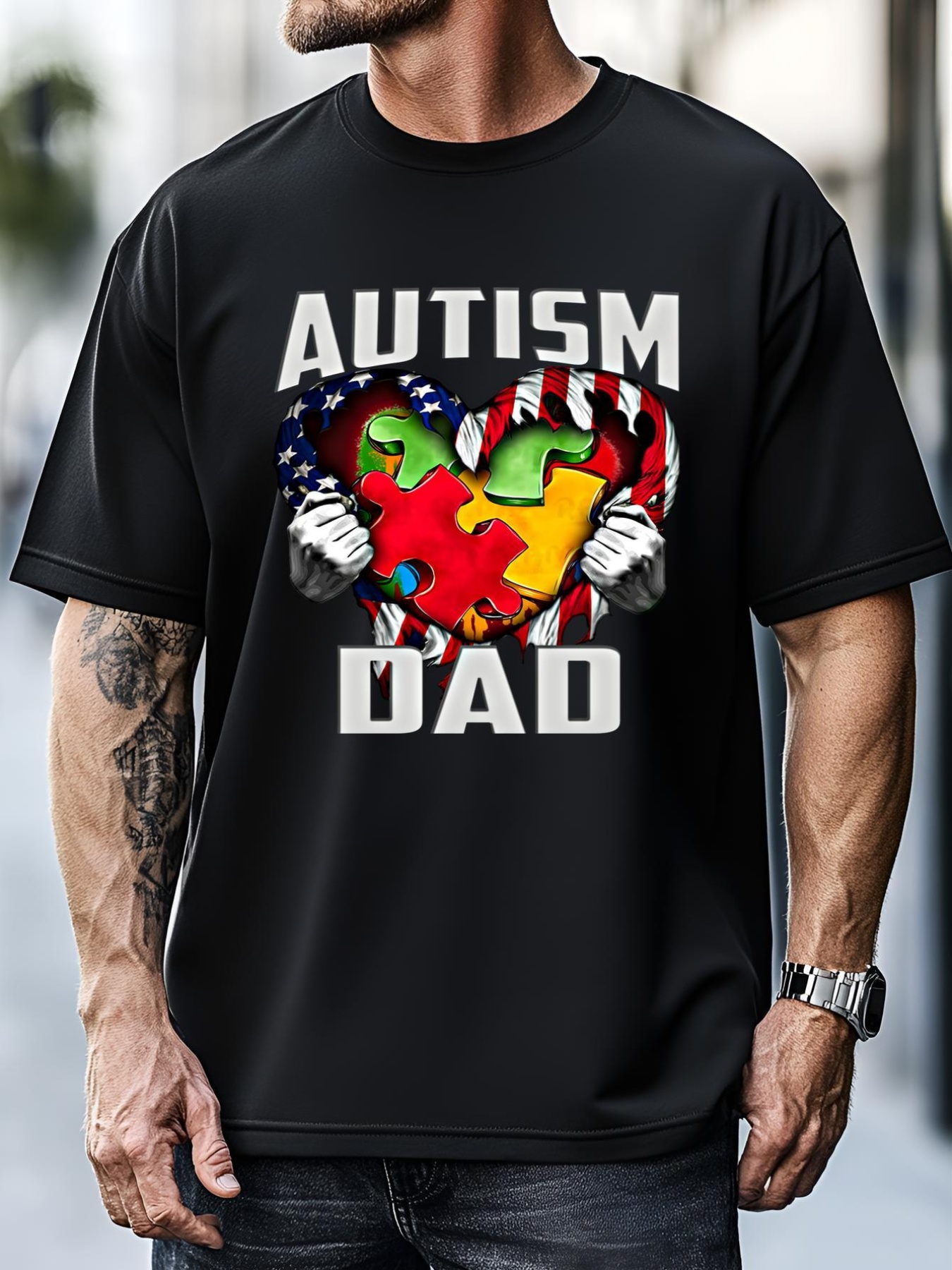 Unisex Autism Dad Awareness Love Heart Usa Flag Puzzle Piece Father Cute Gift T-Shirt