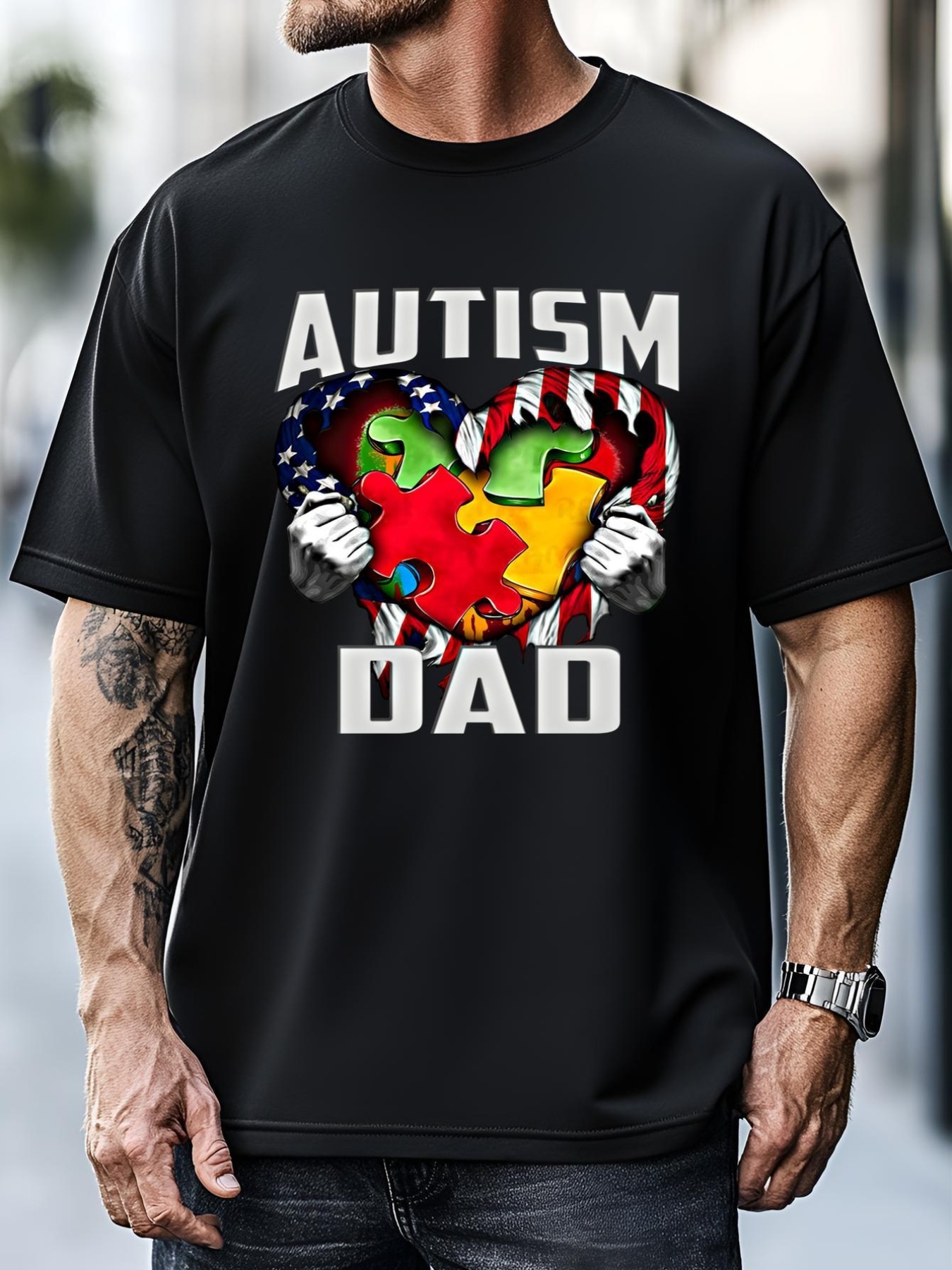 Unisex Autism Dad Awareness Love Heart Usa Flag Puzzle Piece Father Cute Gift T-Shirt