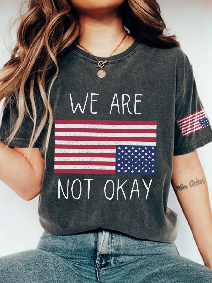 Women's Retro We Are Not Ok American Flag Print Graphic Tee