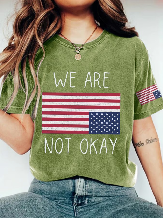 Women's Retro We Are Not Ok American Flag Print Graphic Tee