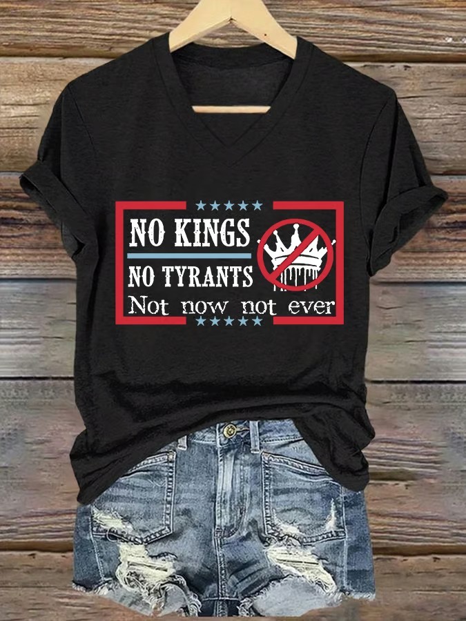Women's V-neck Retro No Kings In America Print Graphic Tee