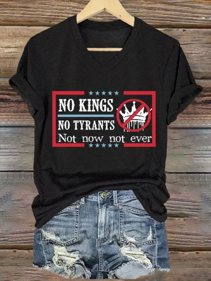 Women's V-neck Retro No Kings In America Print Graphic Tee