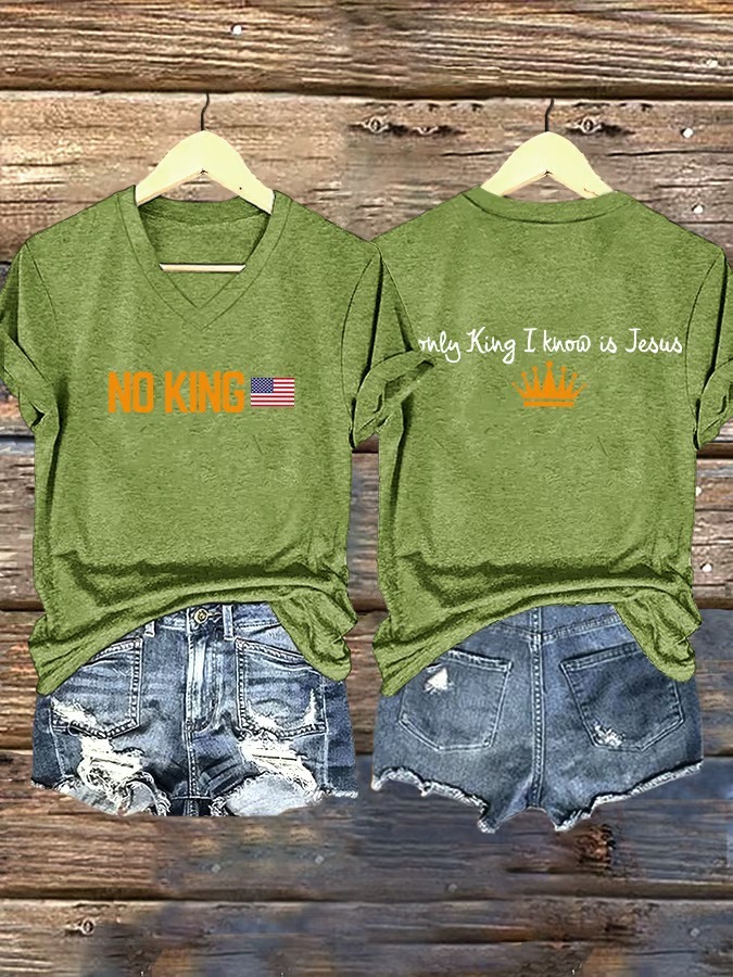 Women's V Neck Retro American Flag Print Graphic Tee