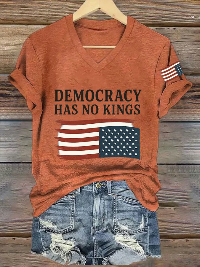 Women's V Neck Democracy Has No King American Flag Print Graphic Tee