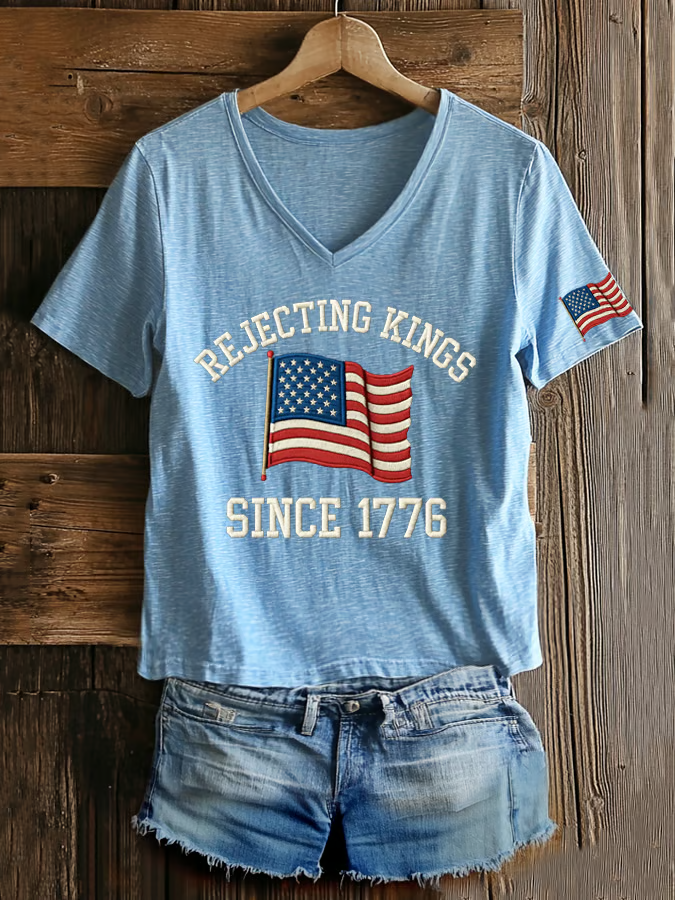 Women's V Neck American Flag Printed Graphic Tee