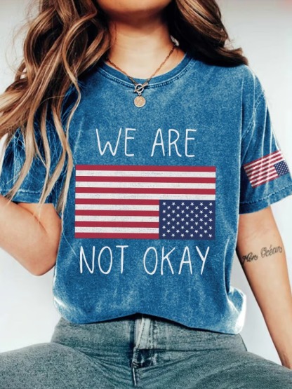 Women's Retro We Are Not Ok American Flag Print Graphic Tee