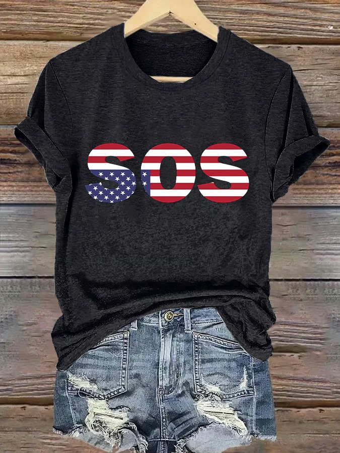 Women's Retro SOS American Flag Print Graphic Tee