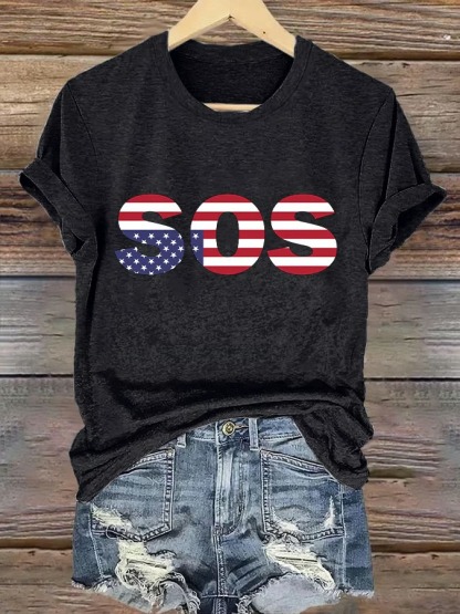 Women's Retro SOS American Flag Print Graphic Tee