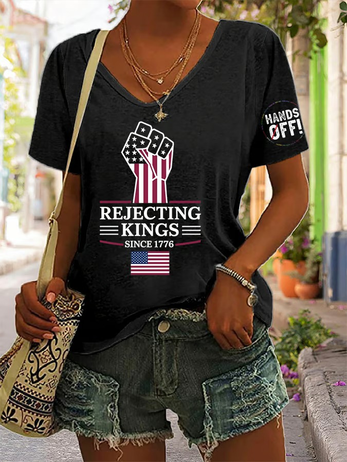 Women's Casual Retro Reject The King Print American Flag Graphic Tee