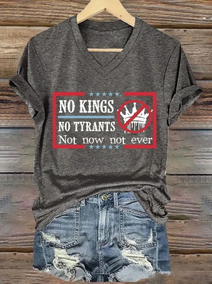 Women's V-neck Retro No Kings In America Print Graphic Tee