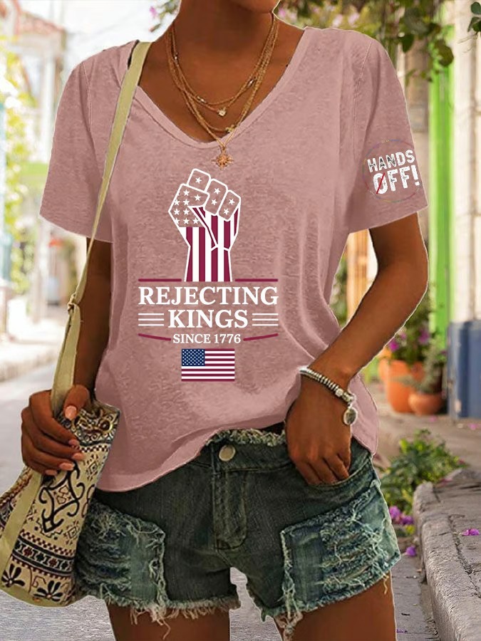 Women's Casual Retro Reject The King Print American Flag Graphic Tee