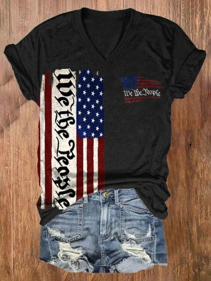 Women's V Neck American Flag Print 4th Of July Graphic Tee