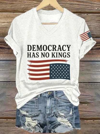 Women's V Neck Democracy Has No King American Flag Print Graphic Tee