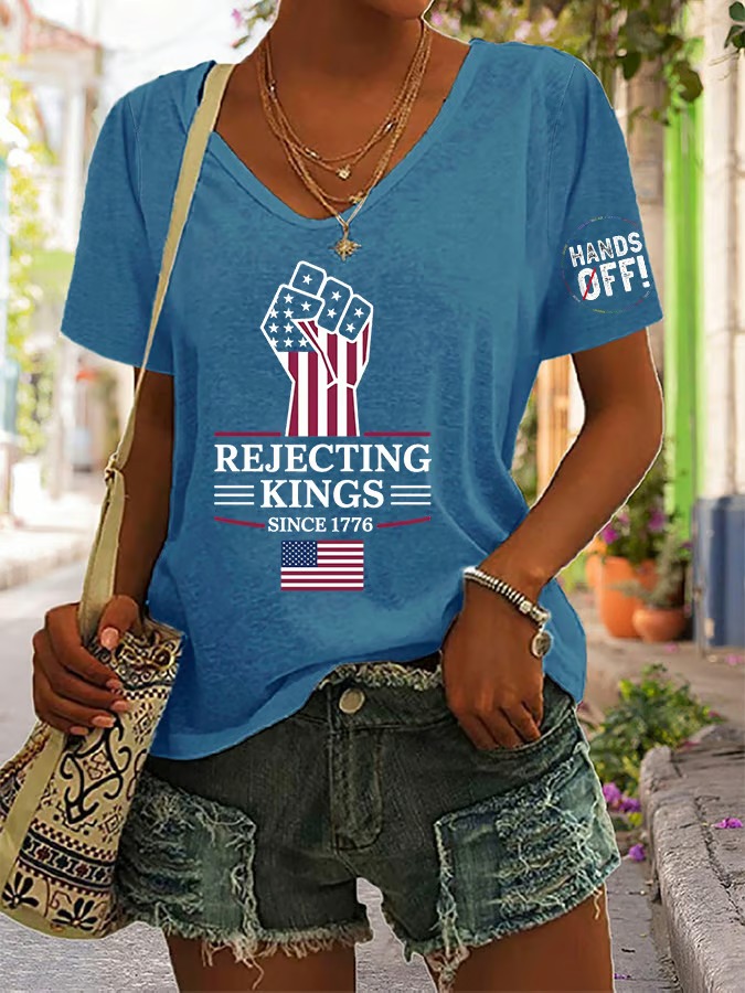 Women's Casual Retro Reject The King Print American Flag Graphic Tee