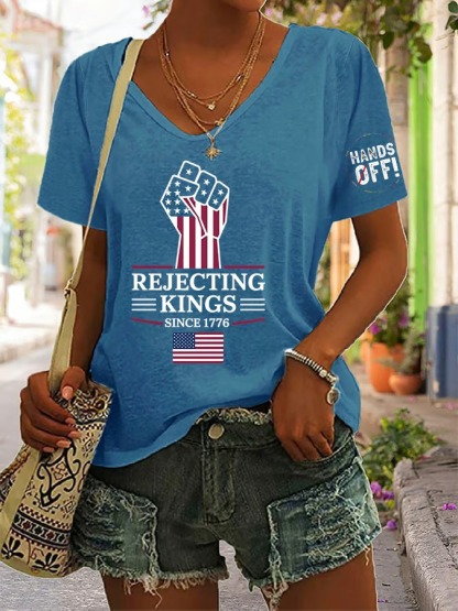Women's Casual Retro Reject The King Print American Flag Graphic Tee