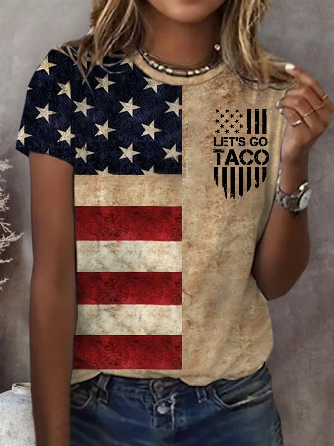 Women's Let's Go Taco American Flag Print Graphic Tee
