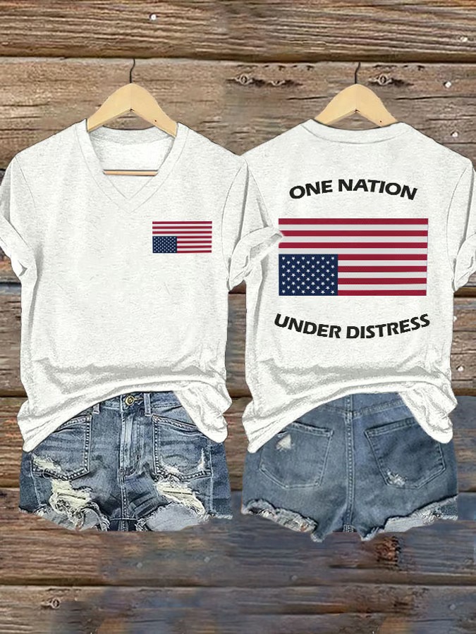Women's V-neck Retro One Nation Under Distress Print 4th Of July Graphic Tee