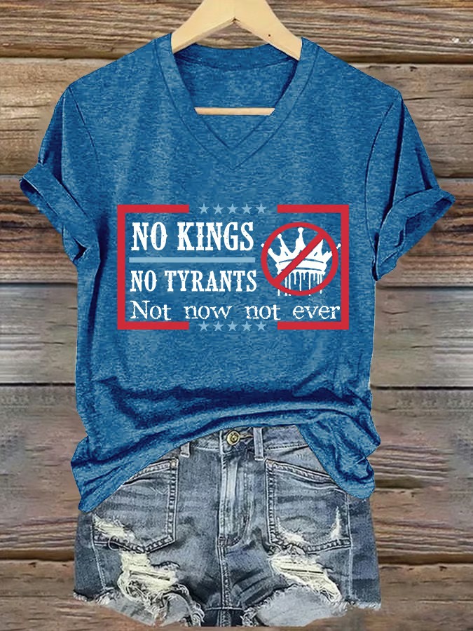 Women's V-neck Retro No Kings In America Print Graphic Tee