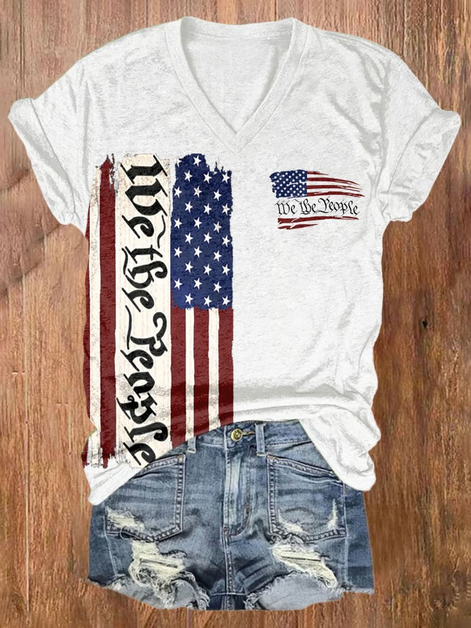Women's V Neck American Flag Print 4th Of July Graphic Tee