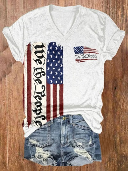 Women's V Neck American Flag Print 4th Of July Graphic Tee