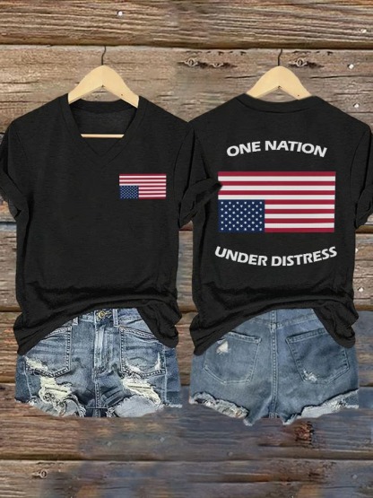 Women's V-neck Retro One Nation Under Distress Print 4th Of July Graphic Tee