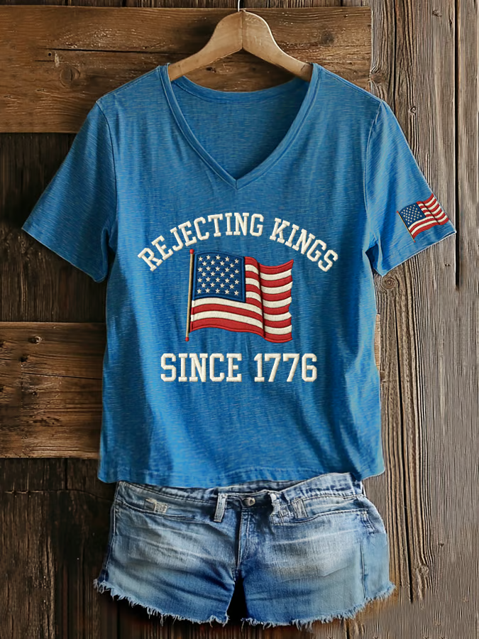 Women's V Neck American Flag Printed Graphic Tee