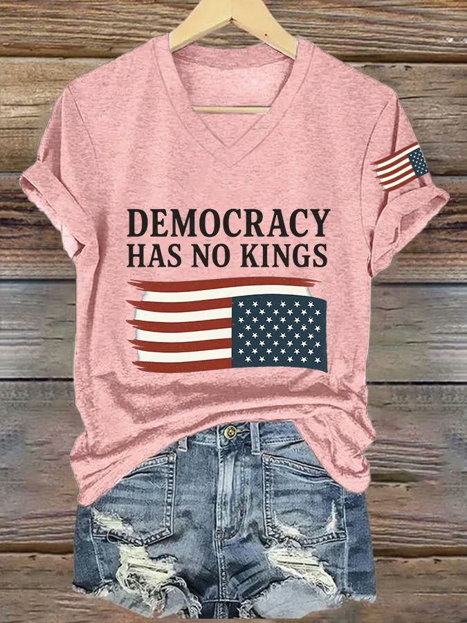 Women's V Neck Democracy Has No King American Flag Print Graphic Tee