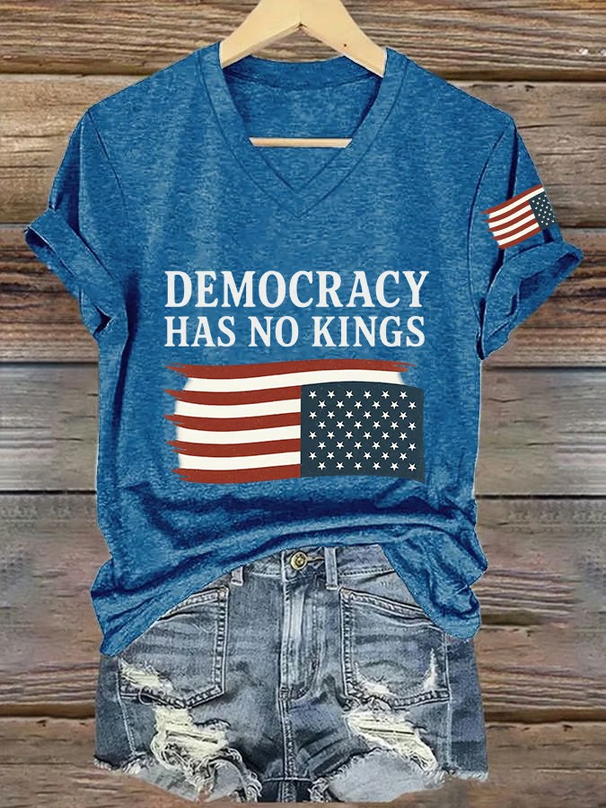 Women's V Neck Democracy Has No King American Flag Print Graphic Tee