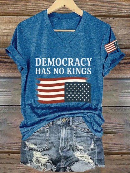 Women's V Neck Democracy Has No King American Flag Print Graphic Tee