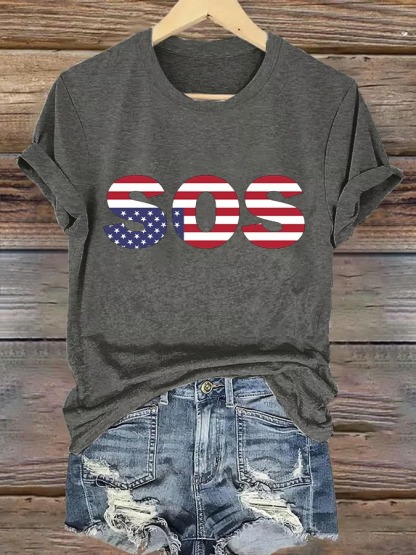 Women's Retro SOS American Flag Print Graphic Tee