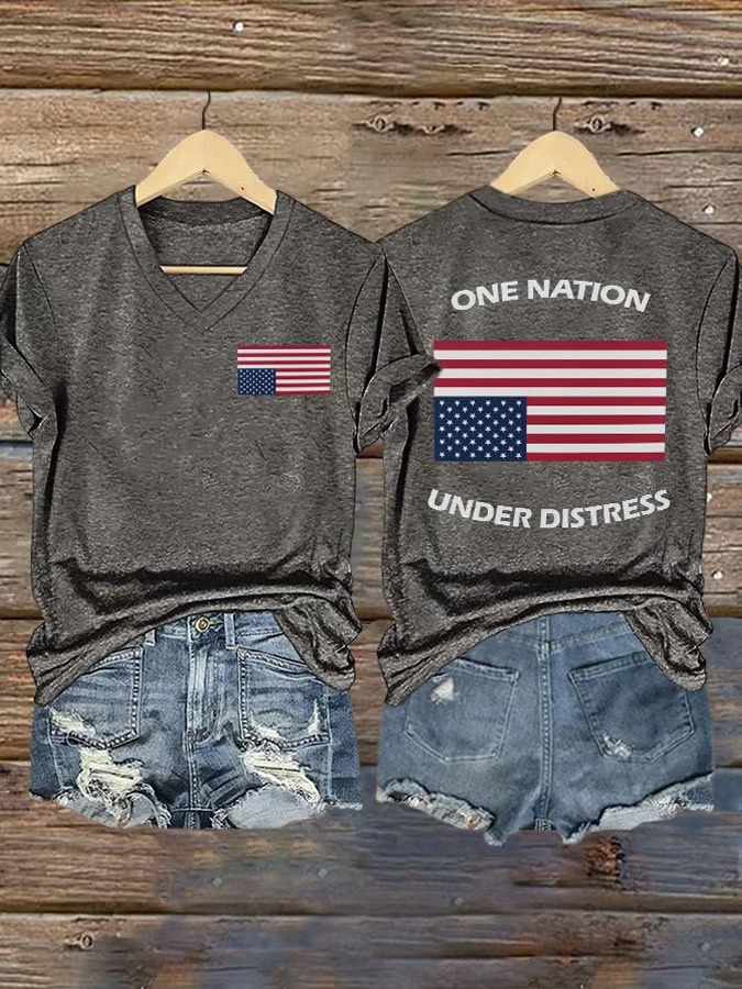 Women's V-neck Retro One Nation Under Distress Print 4th Of July Graphic Tee