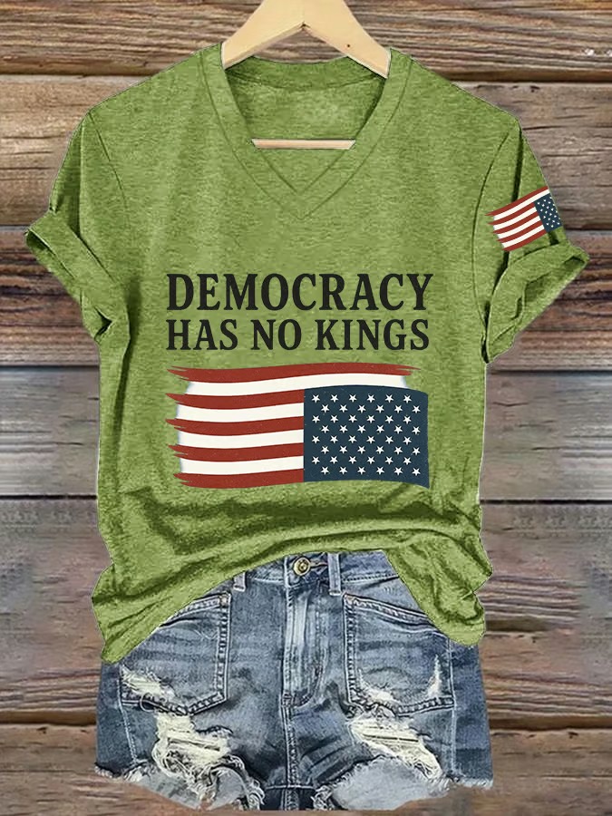 Women's V Neck Democracy Has No King American Flag Print Graphic Tee
