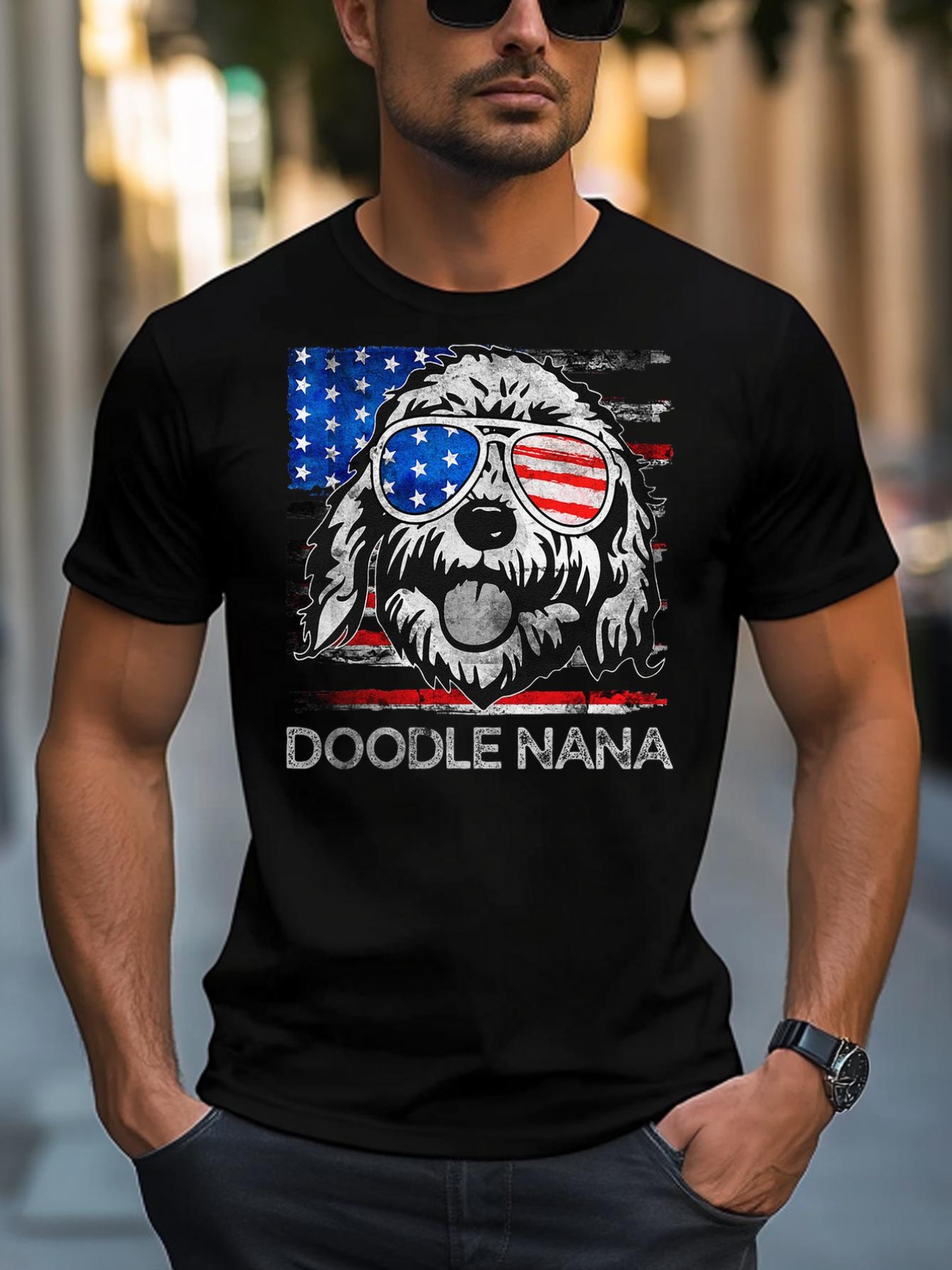 Unisex Doodle Nana Vintage American Flag Dog Funny Mothers Day T-Shirt
