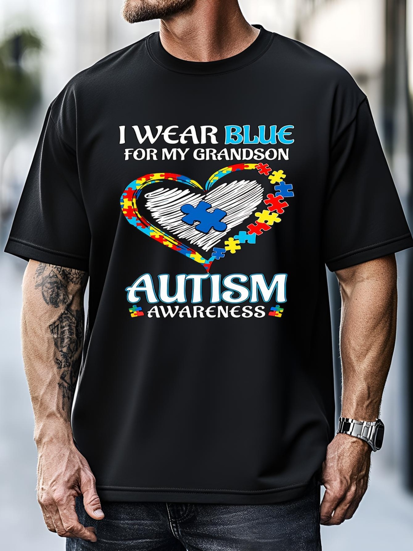 Unisex I Wear Blue For My Grandson Autism Awareness Grandmother Grandfather Family T-Shirt