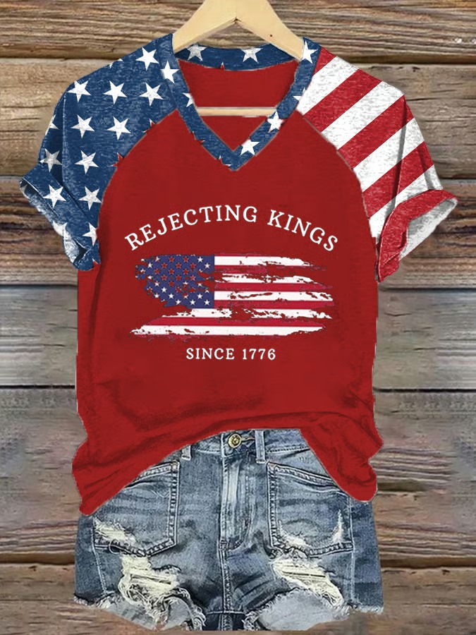 Women's Rejecting Kings Since 1776 American Flag Print Graphic Tee