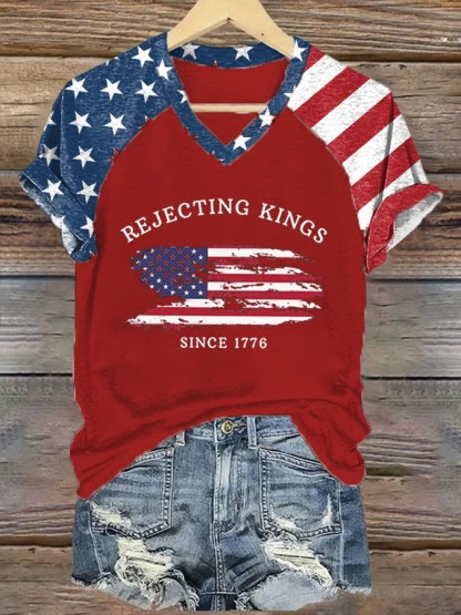 Women's Rejecting Kings Since 1776 American Flag Print Graphic Tee