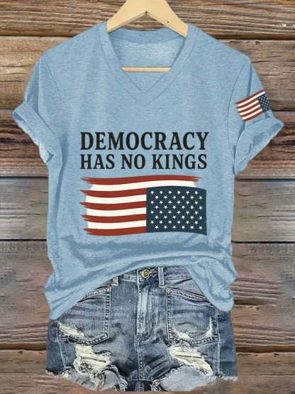 Women's V Neck Democracy Has No King American Flag Print Graphic Tee