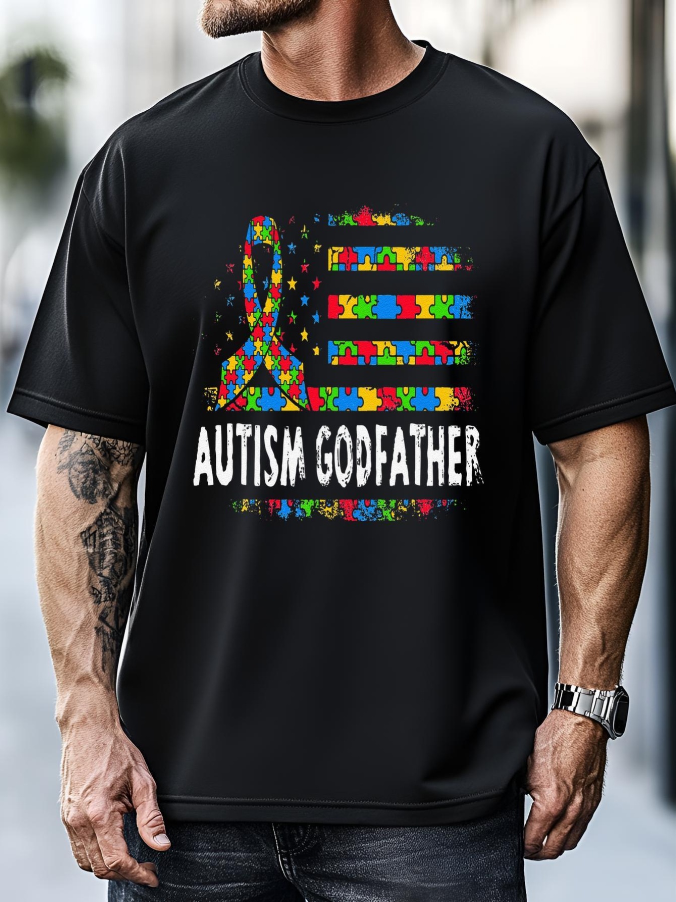 Unisex USA Flag Autism Godfather Autism Awareness T-Shirt