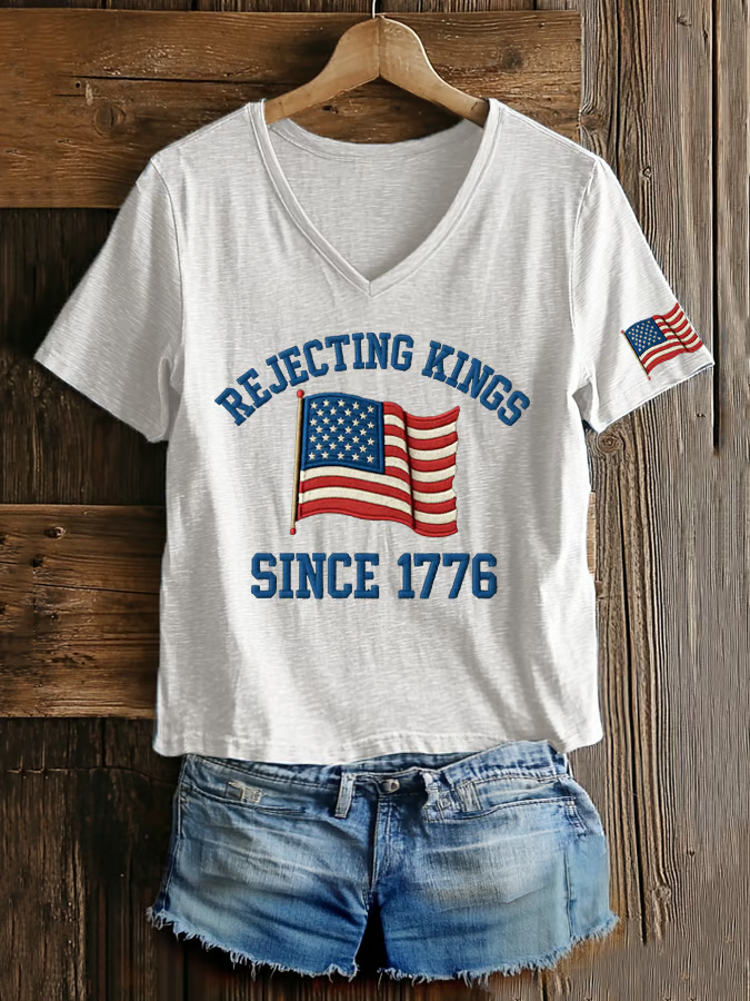 Women's V Neck American Flag Printed Graphic Tee