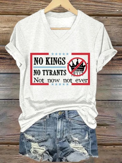 Women's V-neck Retro No Kings In America Print Graphic Tee
