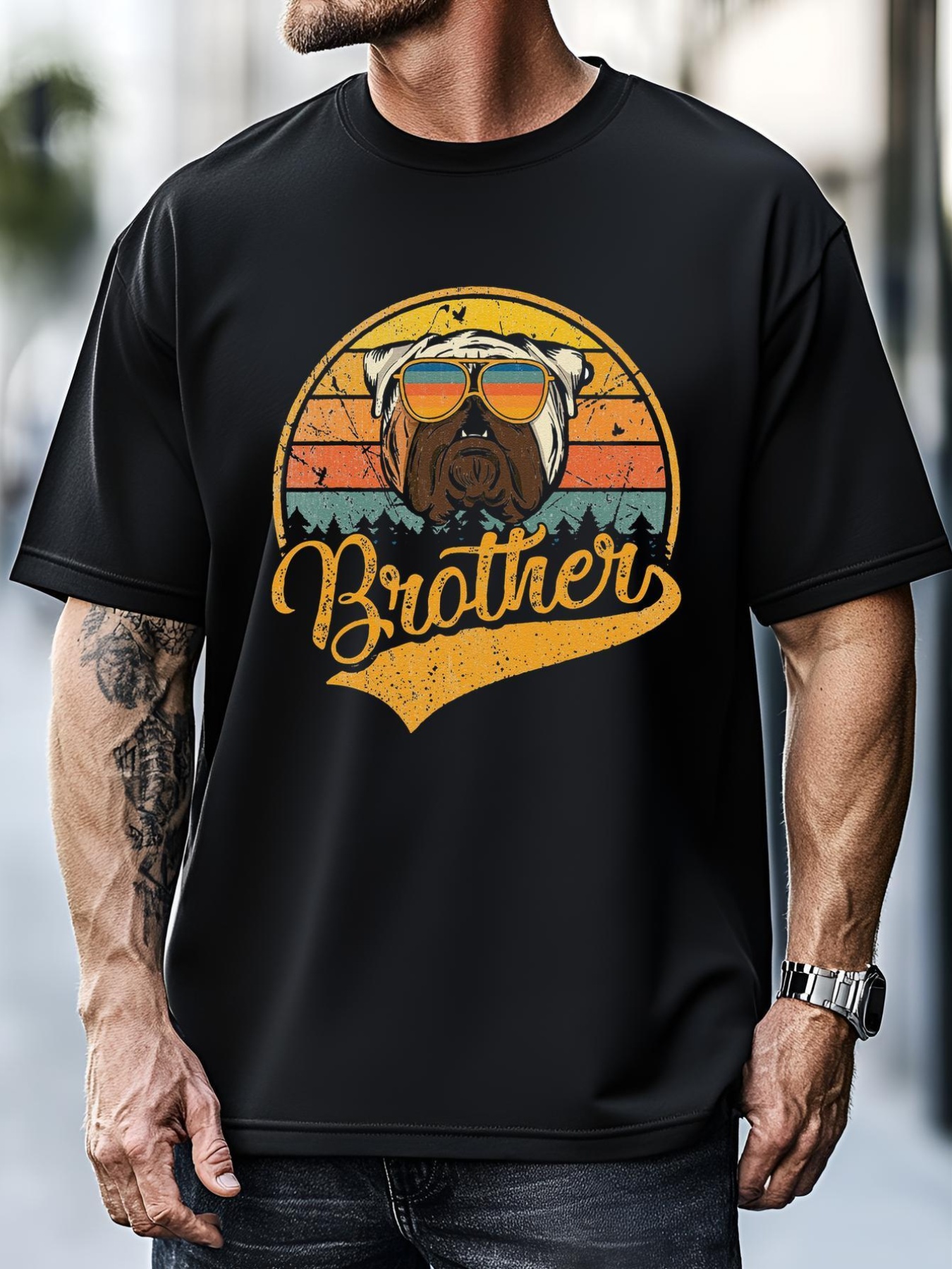 Unisex Father's Day Gifts Retro Vintage English Bulldog Brother T-Shirt