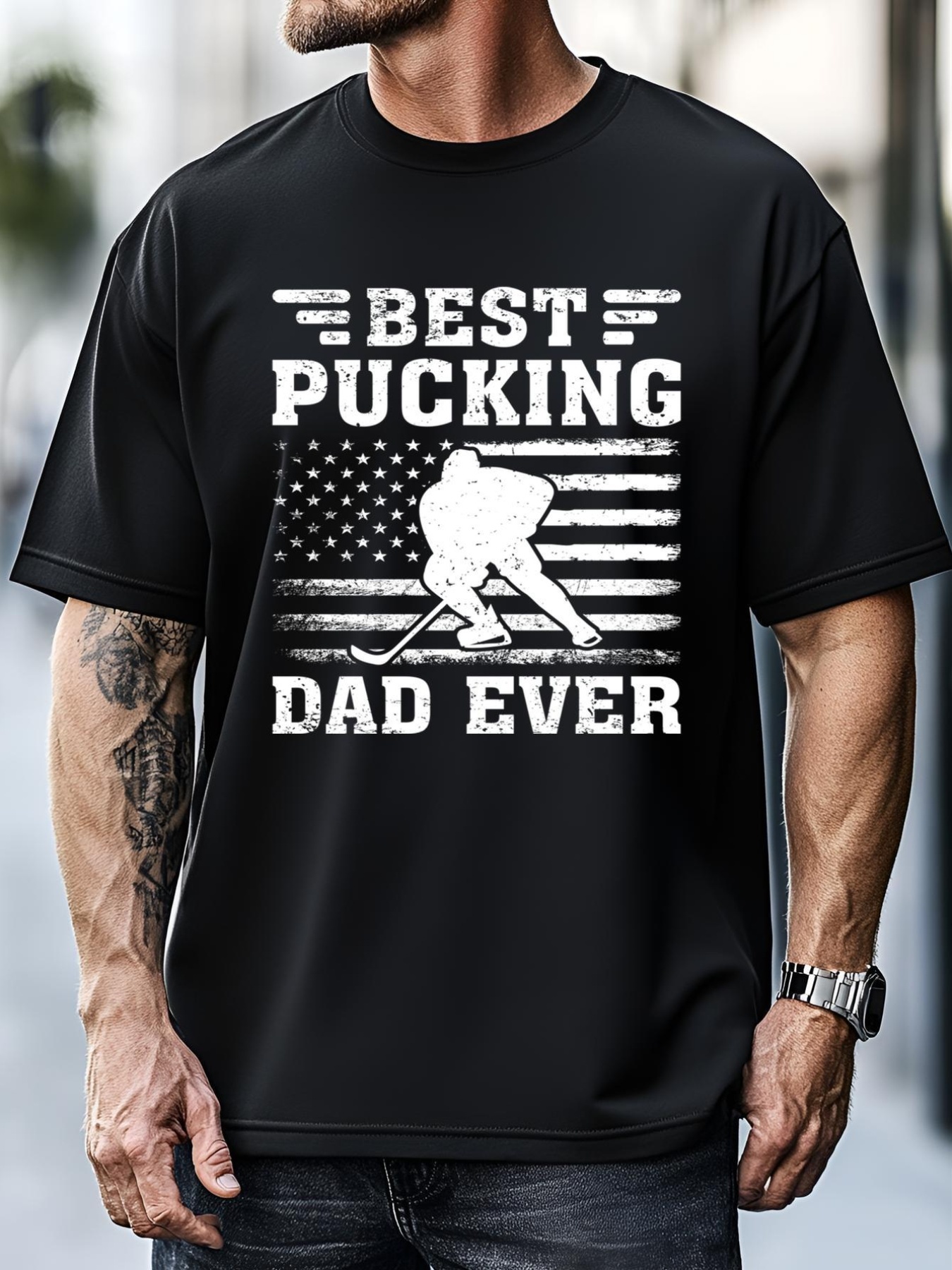 Unisex American Flag Best Pucking Dad Ever Hockey FatherS Day Gift T-Shirt