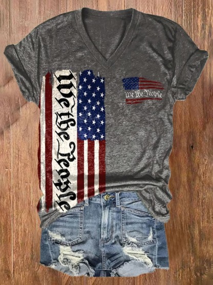 Women's V Neck American Flag Print 4th Of July Graphic Tee