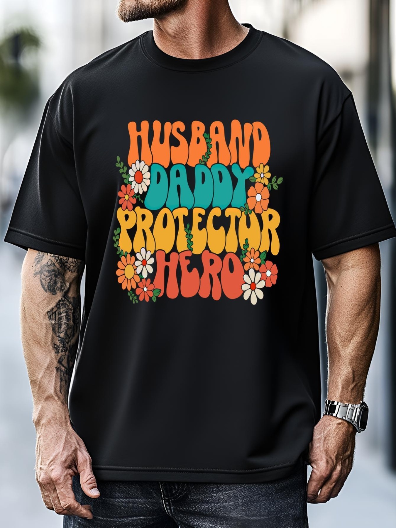 Unisex Husband Daddy Protector Hero Retro Groovy Fathers Day Hippie Cute Gift T-Shirt