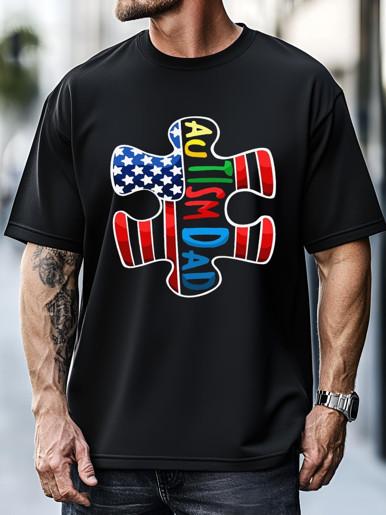 Unisex Autism Dad Autism Awareness Day For Fathers Autism USA Flag T-Shirt