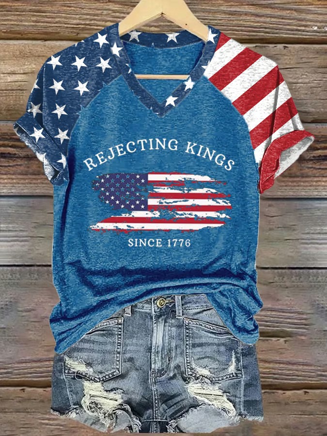 Women's Rejecting Kings Since 1776 American Flag Print Graphic Tee