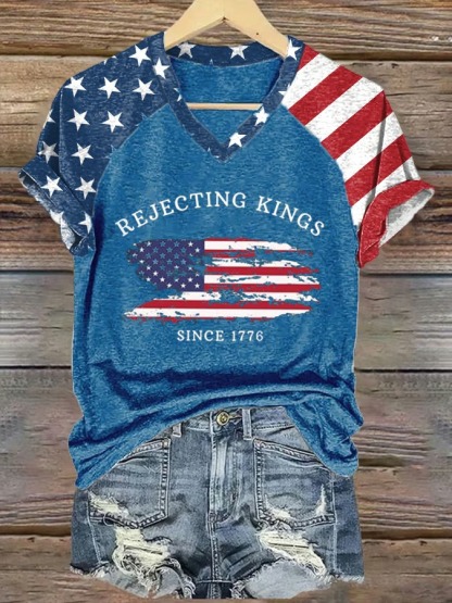 Women's Rejecting Kings Since 1776 American Flag Print Graphic Tee