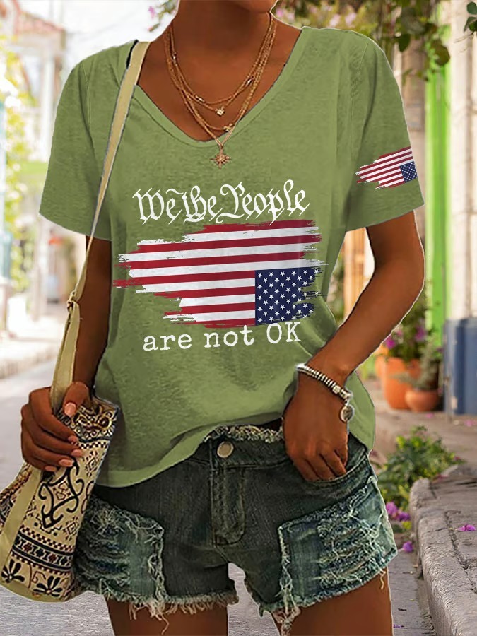 Women's V Neck We The People Are Not Ok Print 4th Of July Graphic Tee