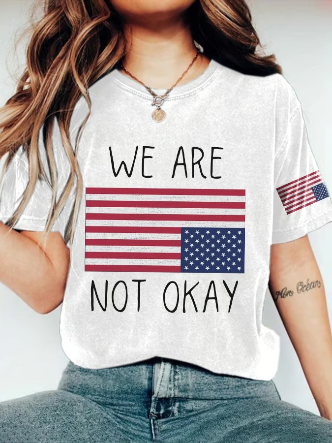 Women's Retro We Are Not Ok American Flag Print Graphic Tee